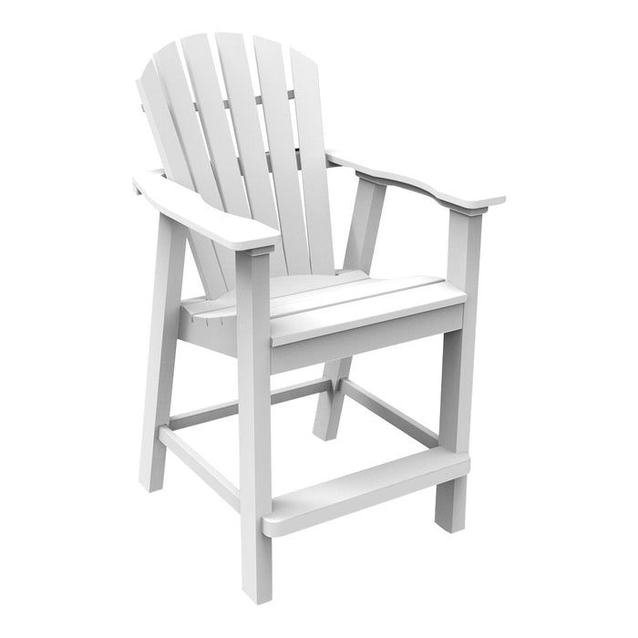White wooden adirondack chair with slatted design and wide armrests, perfect for outdoor relaxation.