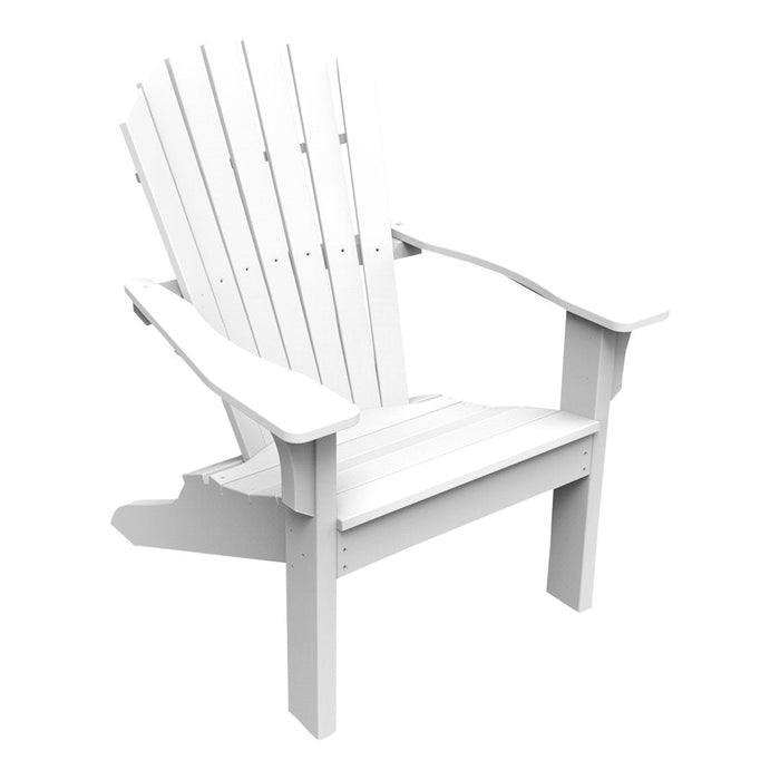 White Adirondack chair with a classic slatted design, perfect for outdoor relaxation and contemporary decor.