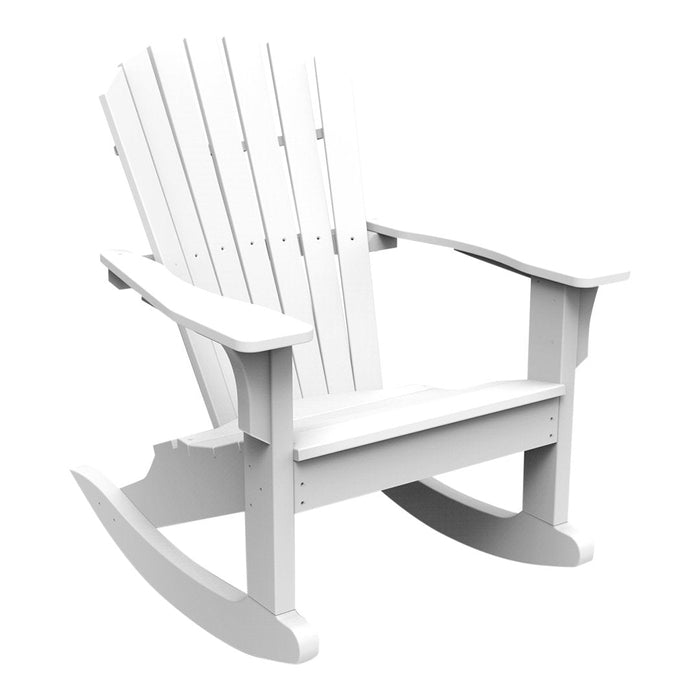 White Adirondack rocking chair with slatted backrest and wide armrests, perfect for outdoor lounging.