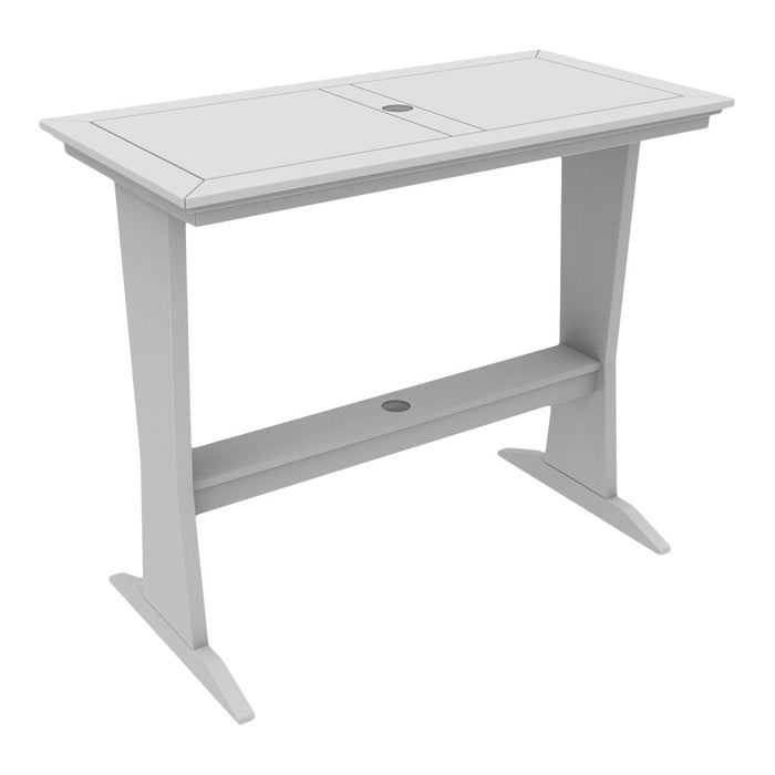Sleek grey rectangular table with smooth surface and minimalist design, featuring clean lines and a modern aesthetic.