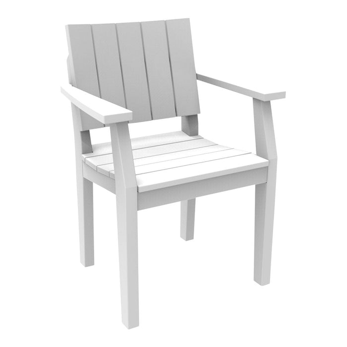White slatted outdoor chair with a modern design, featuring clean lines and a minimalist aesthetic. Perfect for patios.