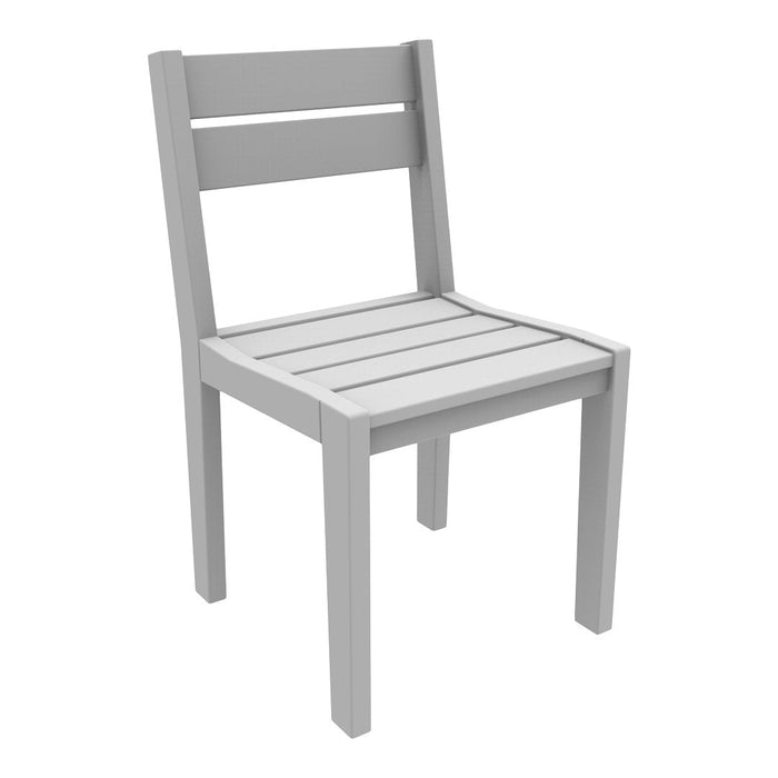Light gray wooden chair with a slatted seat and backrest, featuring a minimalist design and smooth finish.