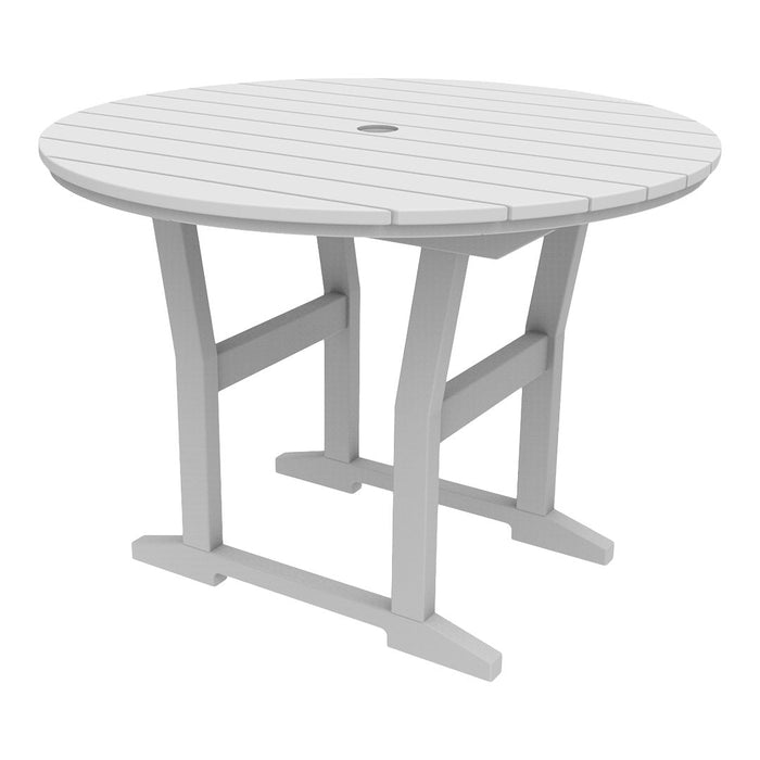 Round outdoor table in a sleek, light gray with slatted surface design and sturdy base for durability.