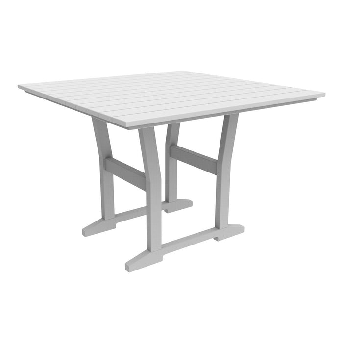 White square dining table with a slatted top and a sturdy frame, perfect for outdoor settings and modern aesthetics.