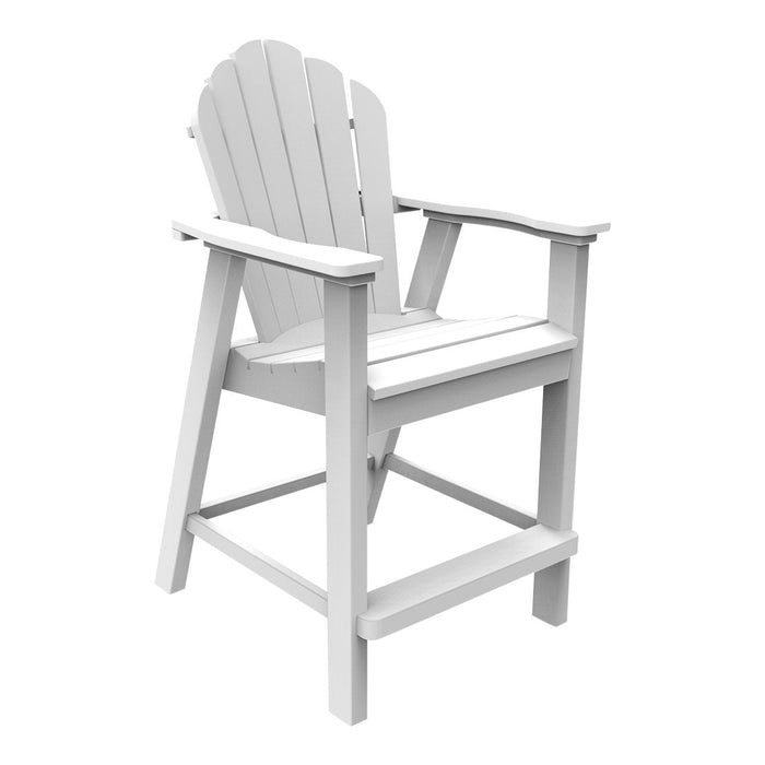 "White wooden high chair with an Adirondack design and slatted seat, perfect for outdoor or patio use."
