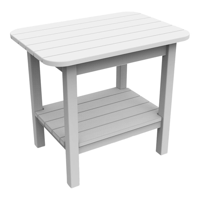Gray wooden side table with a slatted top and bottom shelf, perfect for outdoor or indoor use.