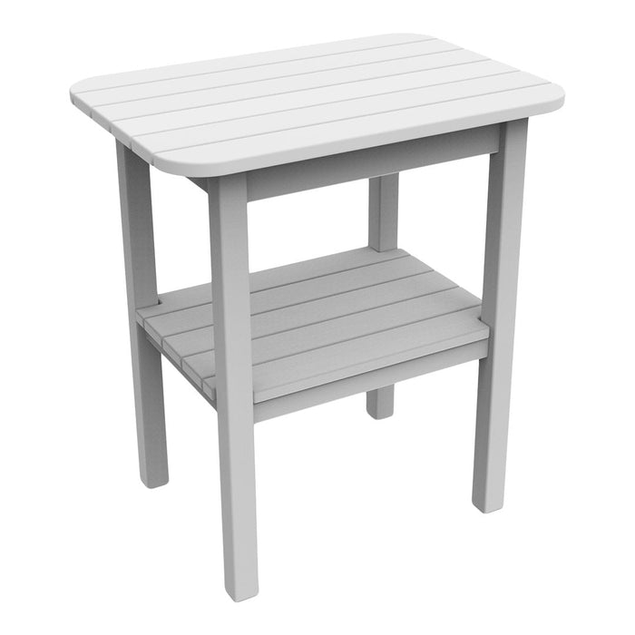 Gray slatted outdoor side table with a modern design and two-tier structure for versatile use.