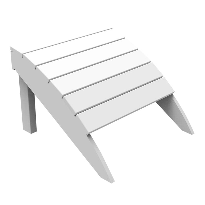 White wooden outdoor footrest with slatted design and angled legs, ideal for patio furniture.