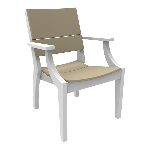 Light beige cushioned seat with a clean white frame, featuring a modern, minimalist design. Perfect for outdoor spaces.