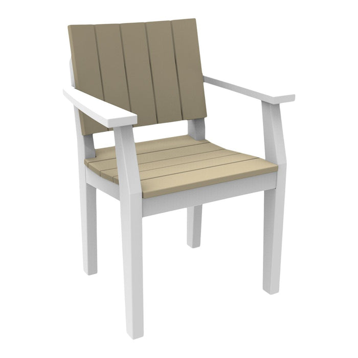 Beige slatted seat and backrest with white wooden frame. Minimalist design for indoor or outdoor use.