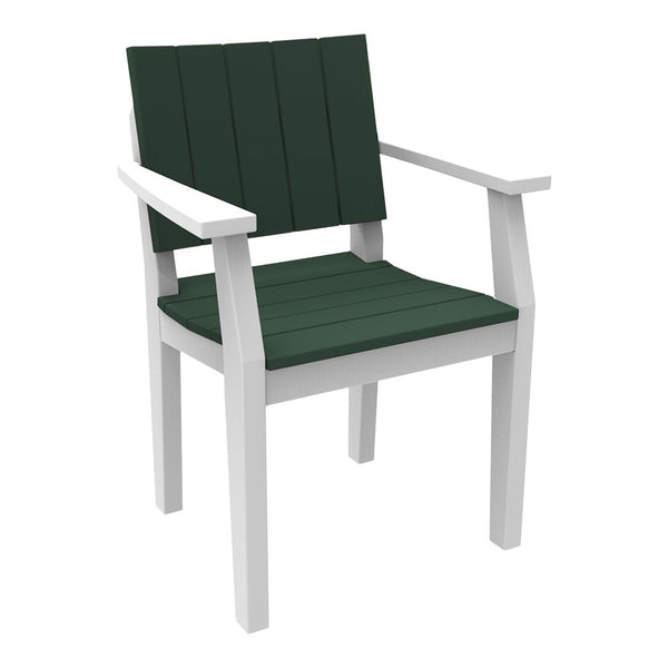 Green slatted seat and backrest with white wooden frame, perfect for an elegant outdoor setting.