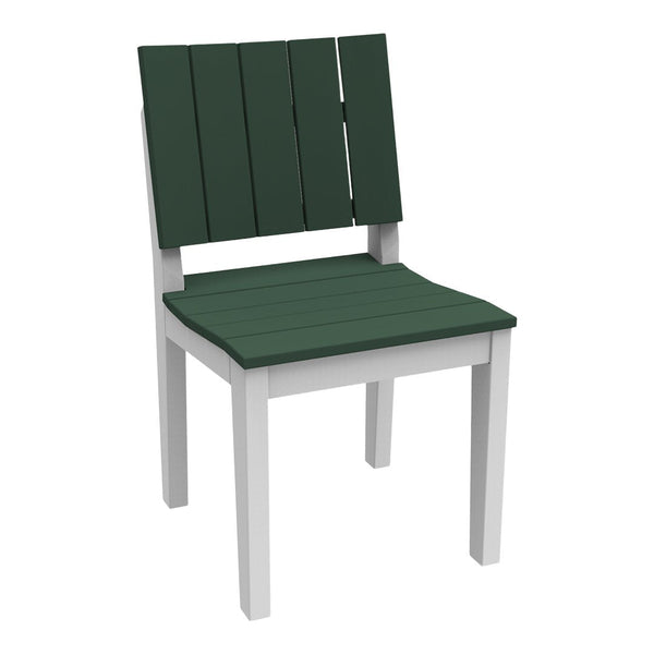 Green slatted wooden chair with a white frame, featuring a simple and modern design. Perfect for outdoor settings.