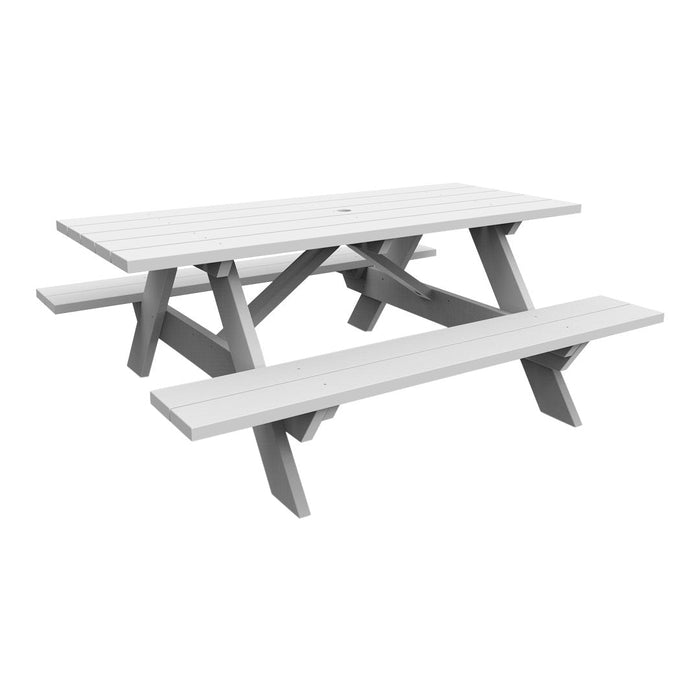 Gray wooden picnic table with a slatted design, featuring a light gray finish and sturdy angled legs.