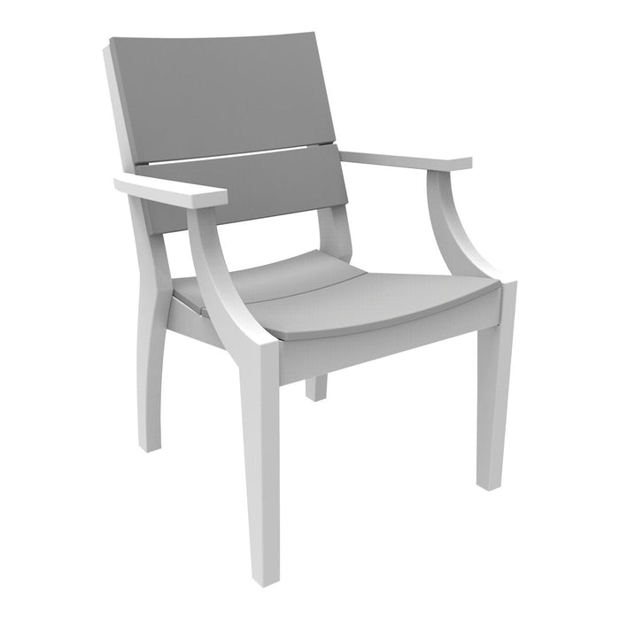 Light gray outdoor chair with sleek, minimalist design and smooth, solid color finish. Perfect for modern patios.