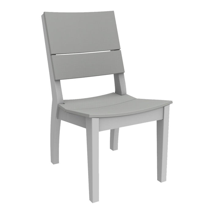 Gray wooden chair with a minimalist design, featuring a smooth finish and sleek lines. Ideal for modern decor.