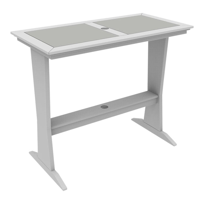 Sleek white outdoor bar table with a minimalist design and smooth, glass-top surface. Perfect for modern spaces.