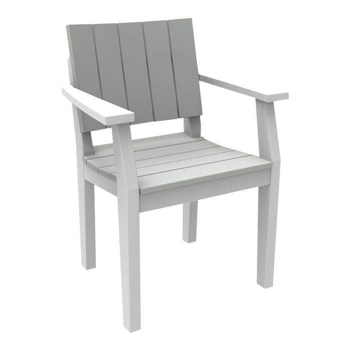Gray slatted outdoor chair with a simple, modern design and contrasting light gray seat slats. Perfect for patio decor.