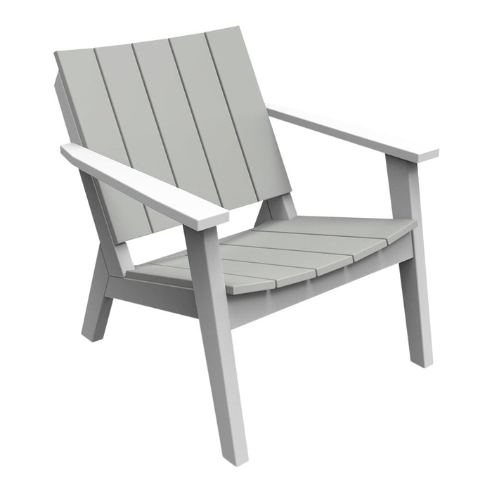 Light gray outdoor chair with a slatted design and white armrests, perfect for stylish patio decor.