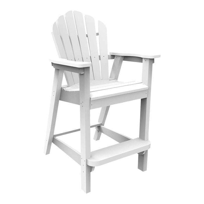 White Adirondack style chair with slatted design, featuring a stylish high-back and wide armrests. Ideal for patio use.