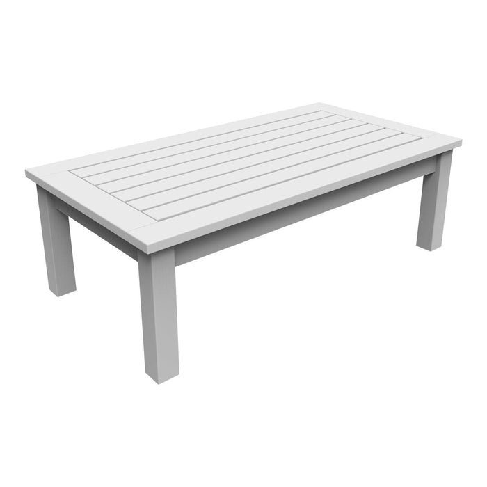 White rectangular coffee table with slatted surface and clean lines, perfect for modern outdoor decor.