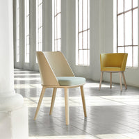 Modern chairs featuring soft beige and mint green upholstery with wooden legs, set against a bright, airy backdrop.