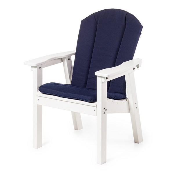 Navy blue cushioned chair with white wooden frame, featuring a classic slatted design and contoured backrest.