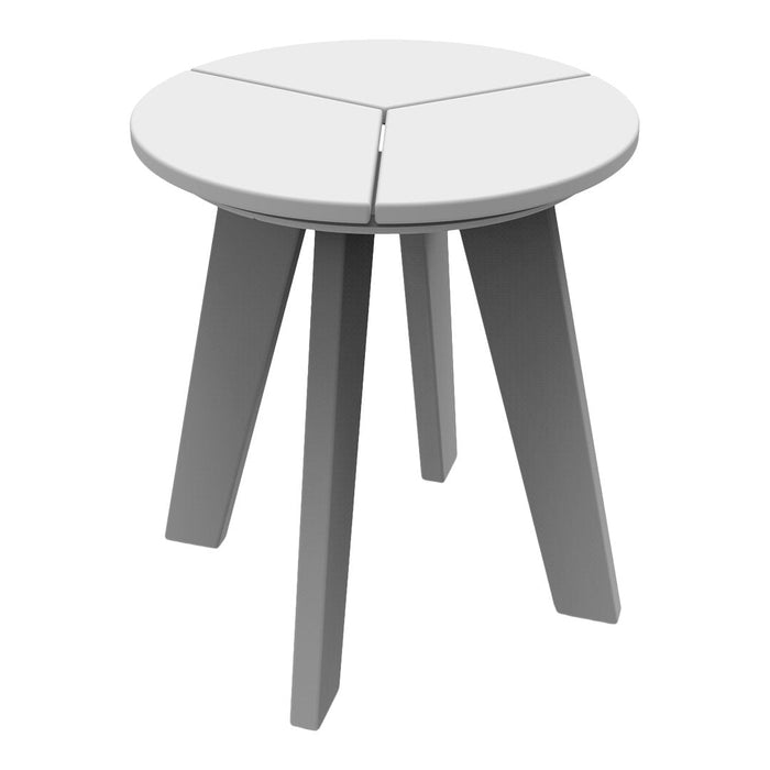 Round white table with a minimalist design and gray legs, featuring a seamless, sleek finish. Perfect for modern décor.