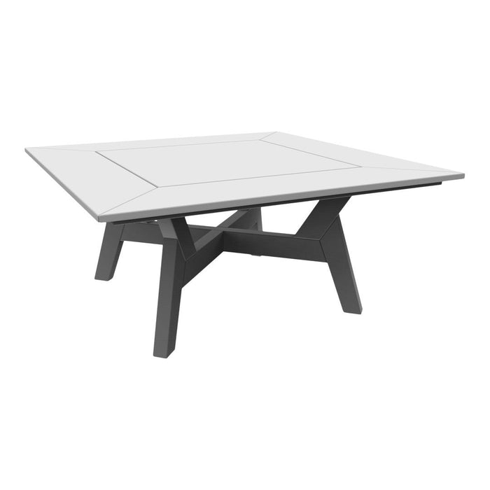 Square table with a sleek white top and a modern gray base, featuring clean lines and minimalistic design.