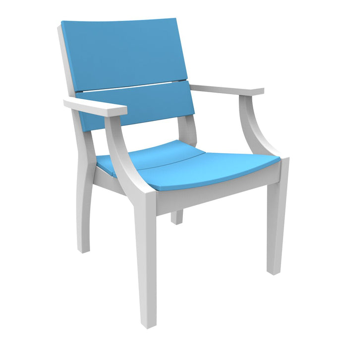 Blue outdoor chair with a solid white wooden frame and sleek, modern design. Perfect for summer lounging.