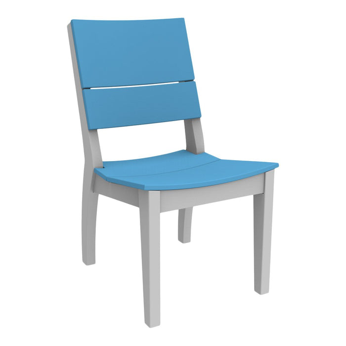 Blue slatted seat and back chair with a light gray frame, perfect for modern decor.