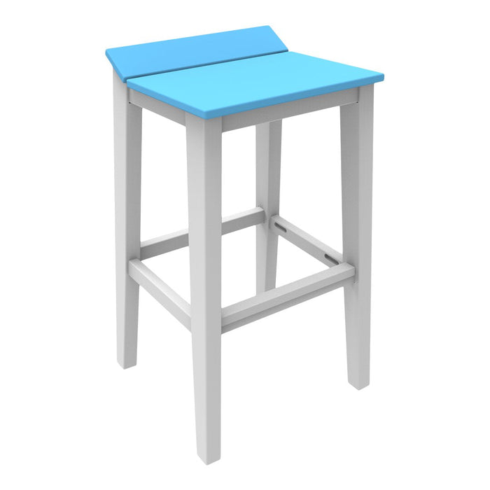 Blue top bar stool with a sleek white frame, featuring a minimalist design and smooth finishes.