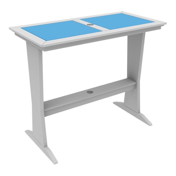 Modern bar table with a sleek white frame and a vibrant blue two-tone tabletop design. Ideal for stylish spaces.