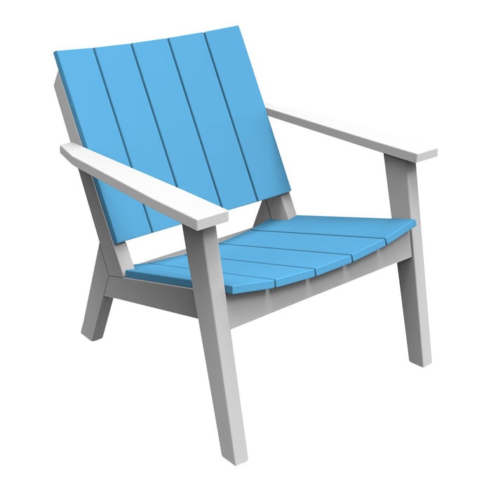 Light blue slatted seat and backrest with white armrests in a modern outdoor chair design. Ideal for patio decor.