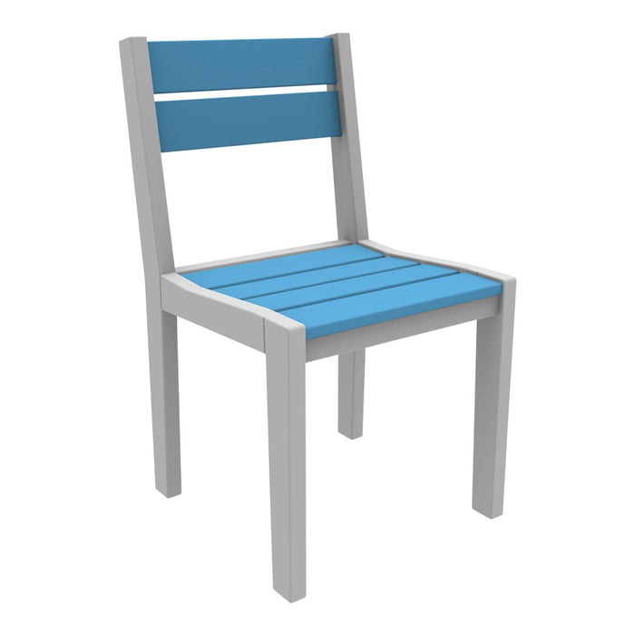Blue slatted seat and backrest with a gray frame, ideal for modern outdoor decor.