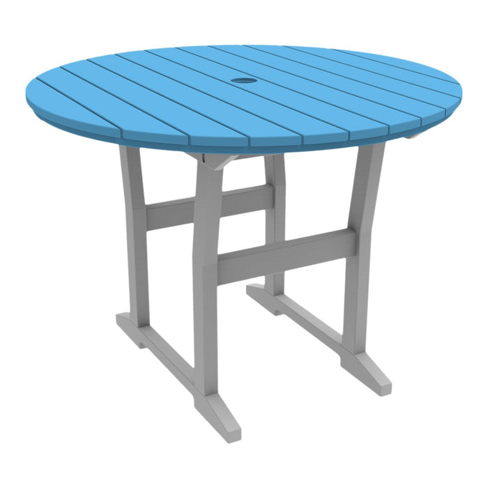 Round patio table in vibrant blue with slatted top and sturdy gray legs. Ideal for outdoor gatherings.