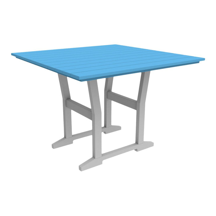 Square table with a vibrant blue top and sleek gray legs, featuring a striped pattern for a modern look.