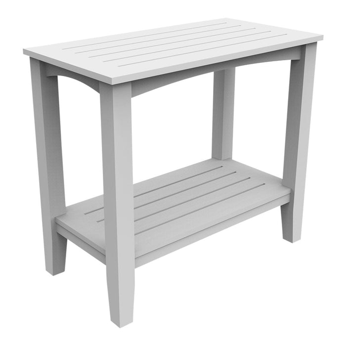 Gray slatted outdoor table with a flat top and open shelf, perfect for stylish patio decor.