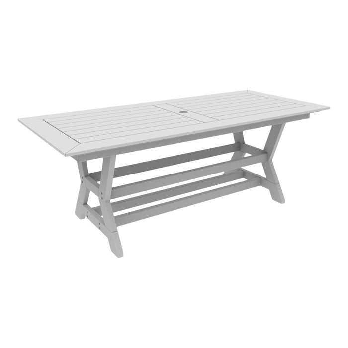 Light gray wooden outdoor dining table with slatted design and sturdy cross-leg support. Perfect for patios.
