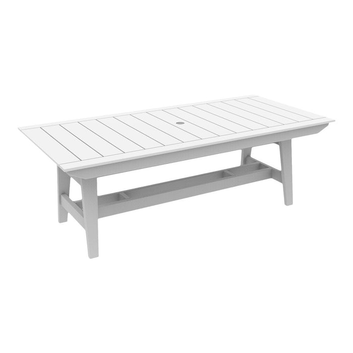 White rectangular outdoor table with slatted design, featuring a minimalist style and clean lines. Perfect for patio use.
