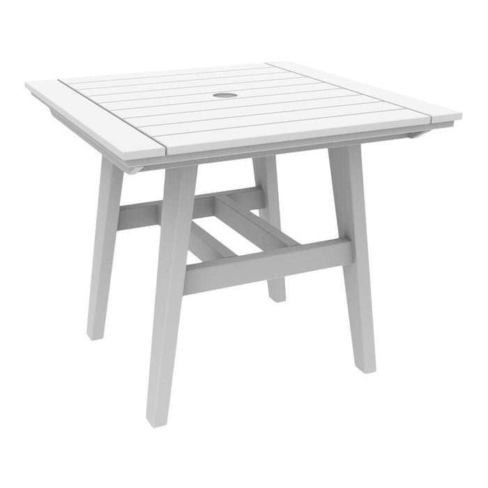 White square outdoor table with slatted top and clean lines, perfect for modern patios and decks.