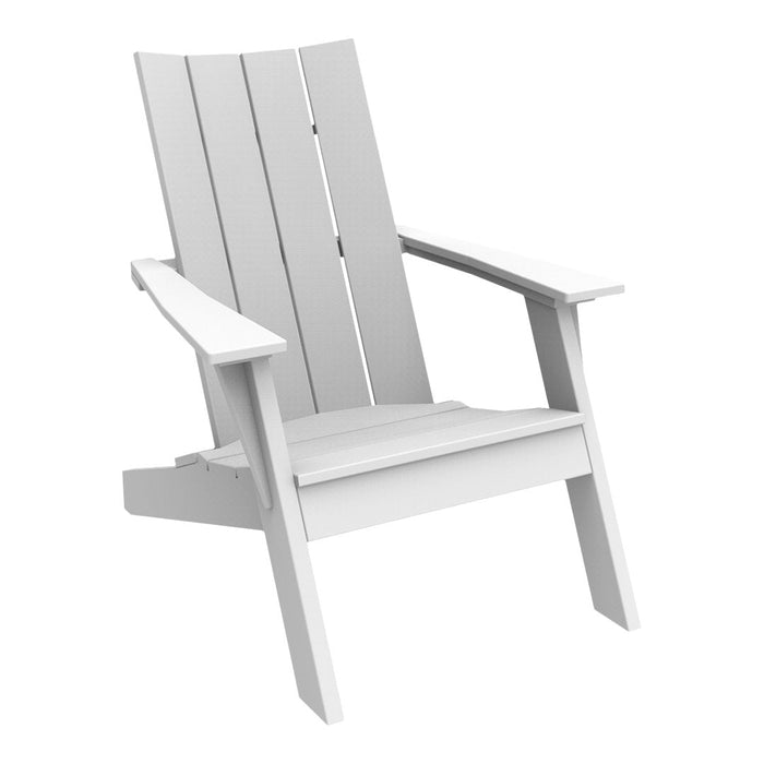 White adirondack chair with a slatted design, perfect for outdoor relaxation. Minimalistic and contemporary look.