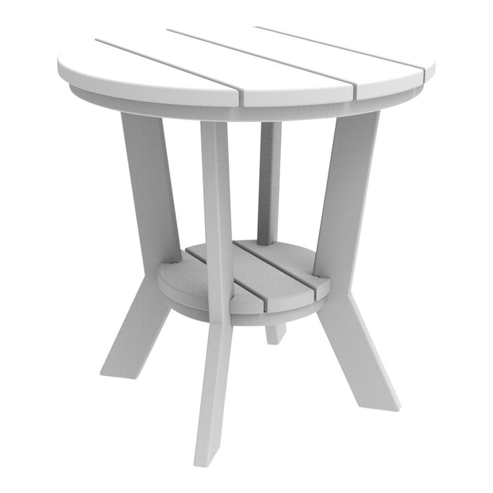 Round white outdoor table with slatted top and sturdy legs, perfect for patio or garden use.