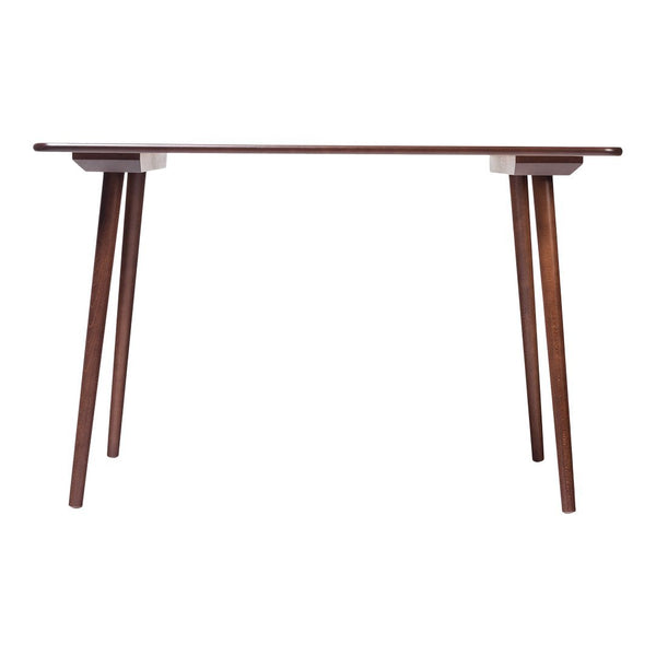 Wooden table with a rich brown finish and sleek design, featuring tapered legs and a minimalist style.