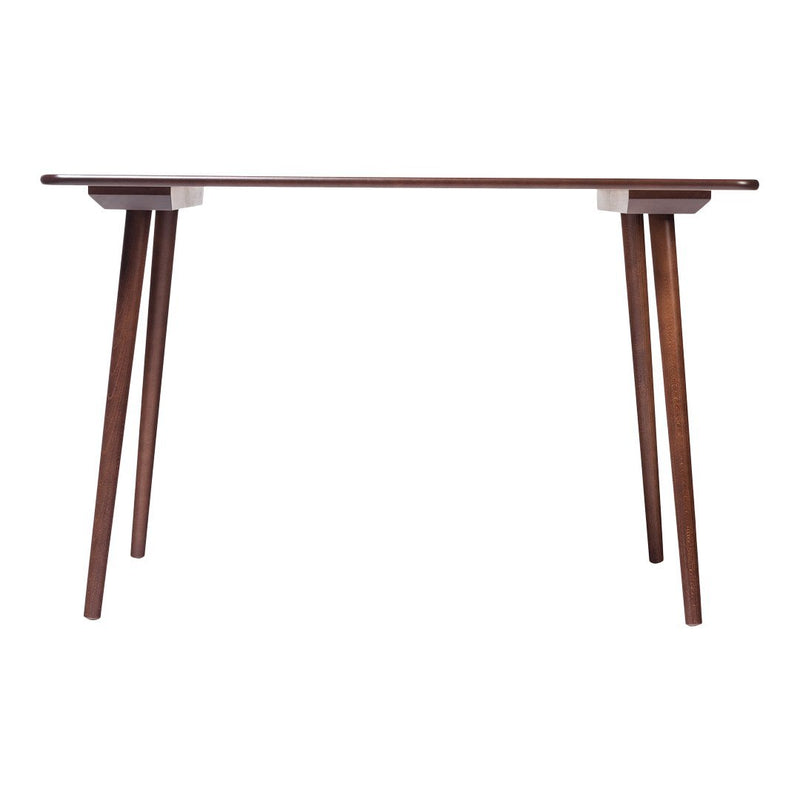 Wooden table with a rich brown finish and sleek design, featuring tapered legs and a minimalist style.