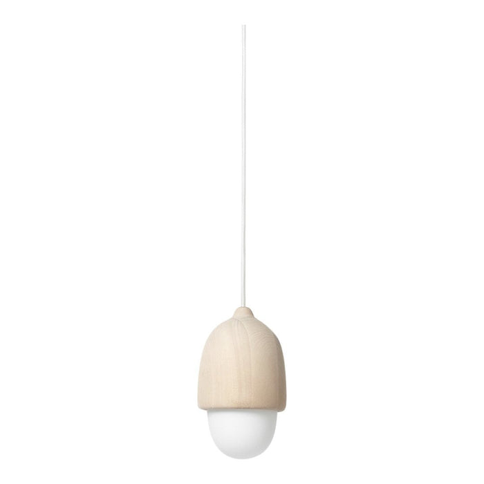 Natural wood pendant lamp with a smooth, minimalist design and white glass bulb. Ideal for modern decor.