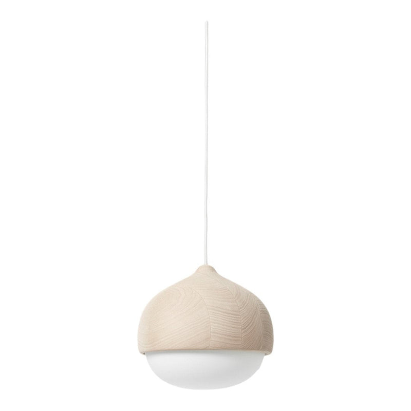 Beige pendant light with a smooth, round white glass bottom and subtle textured top. Ideal for modern decor.