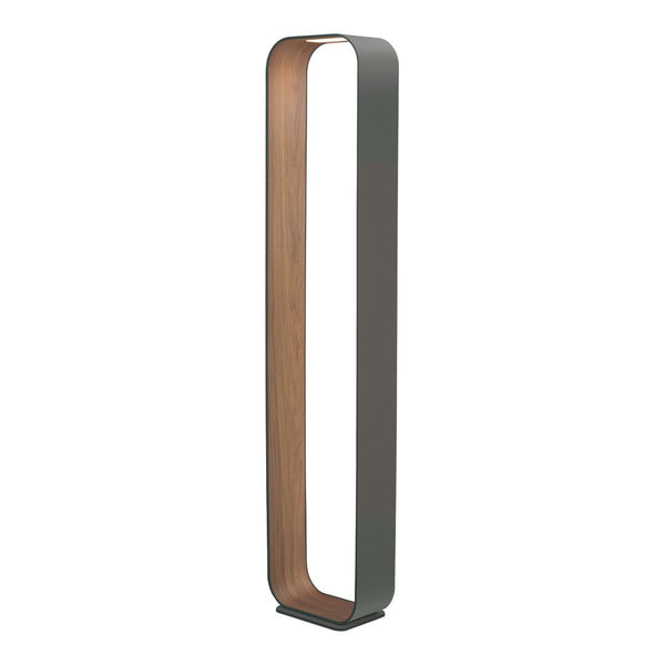 Sleek modern floor lamp with a dark grey exterior and warm wood interior, featuring a minimalist rectangular design.