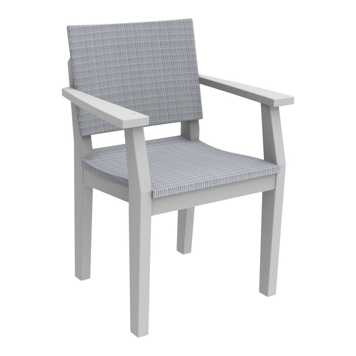 Gray checkered pattern upholstery on a modern white wooden armchair. Clean design for a stylish decor.