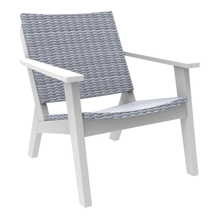 White patio chair with a gray and blue textured pattern on the seat and backrest. Modern and stylish outdoor furniture.