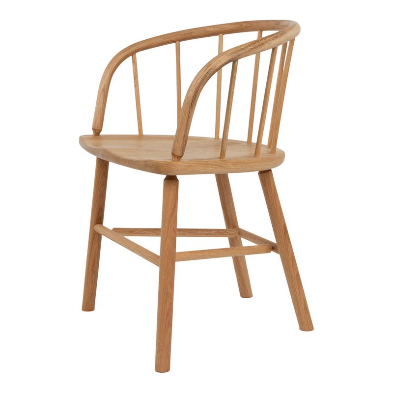 Light natural wood chair with a curved backrest and classic spindle design, showcasing warm tones and a smooth finish.